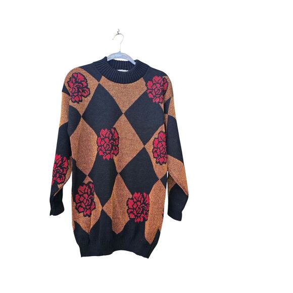 VTG DANA SCOTT Sweater Womens Sz M Red Gold harlequin/floral OVERSIZED pullover - Picture 4 of 7